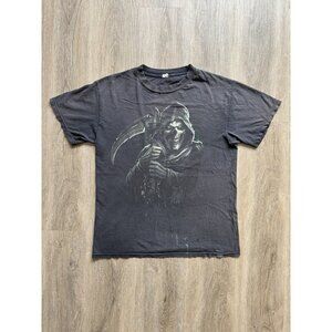 Vintage Y2K Grim Reaper Skeleton Skull Faded Smoked Black Tee Art Horror Scary